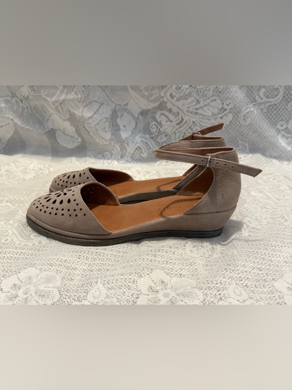 gentle souls by Kenneth Cole Taupe Suede Perforated Ankle-Strap Wedges - Picture 3 of 9